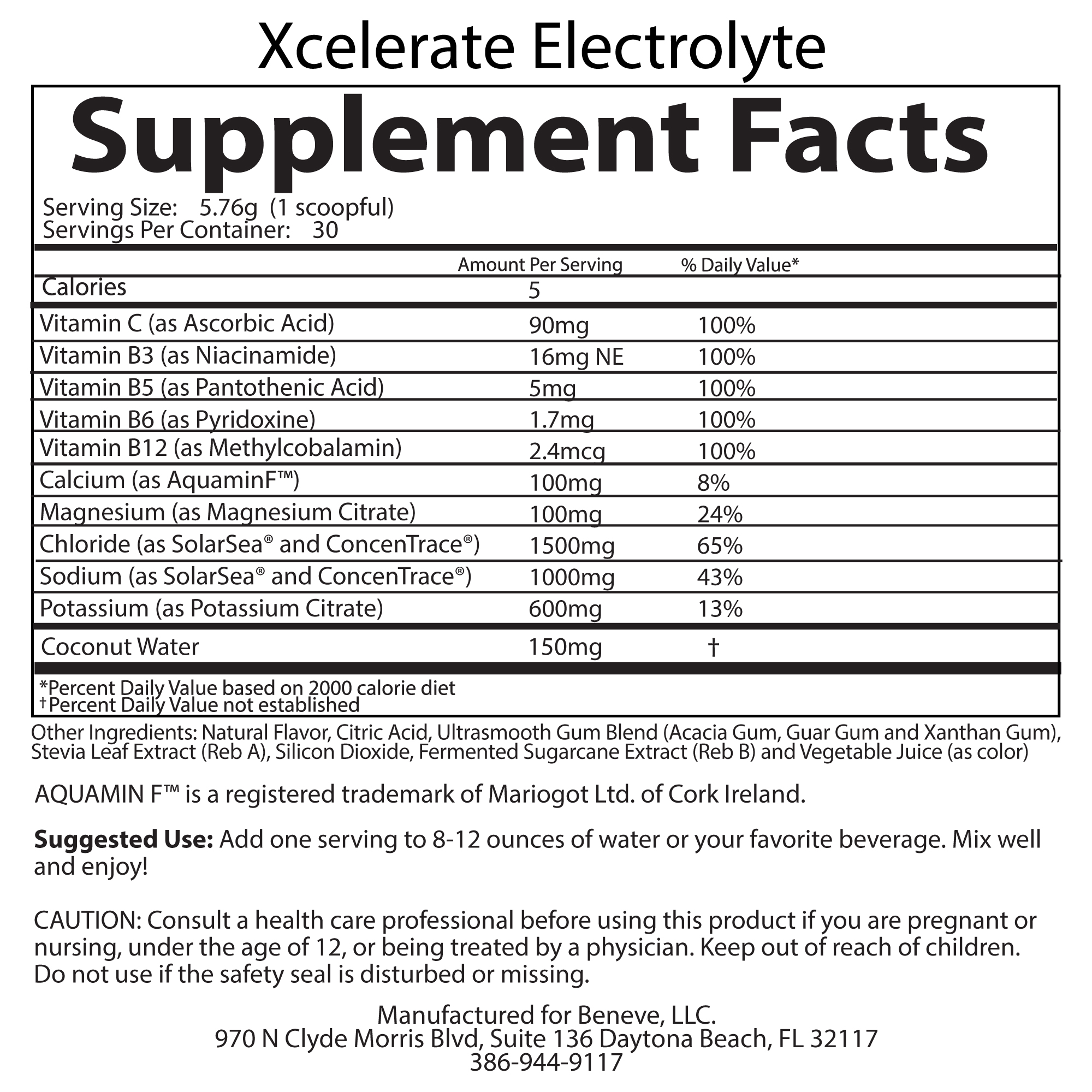 Xcelerate Electrolytes nutrition label